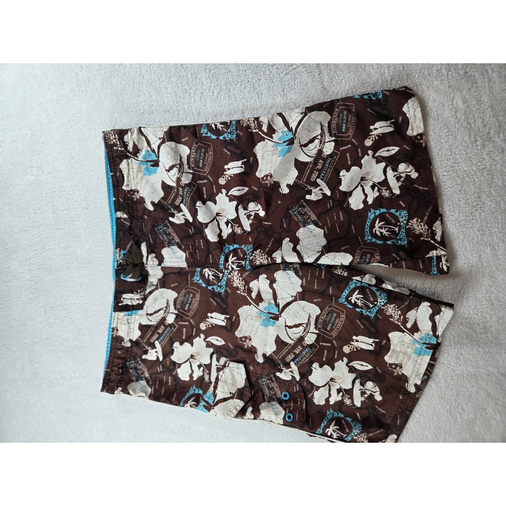 Joe Boxer Mens XL Brown Tropical Passport Travel Print Board Shorts Swim Trunks